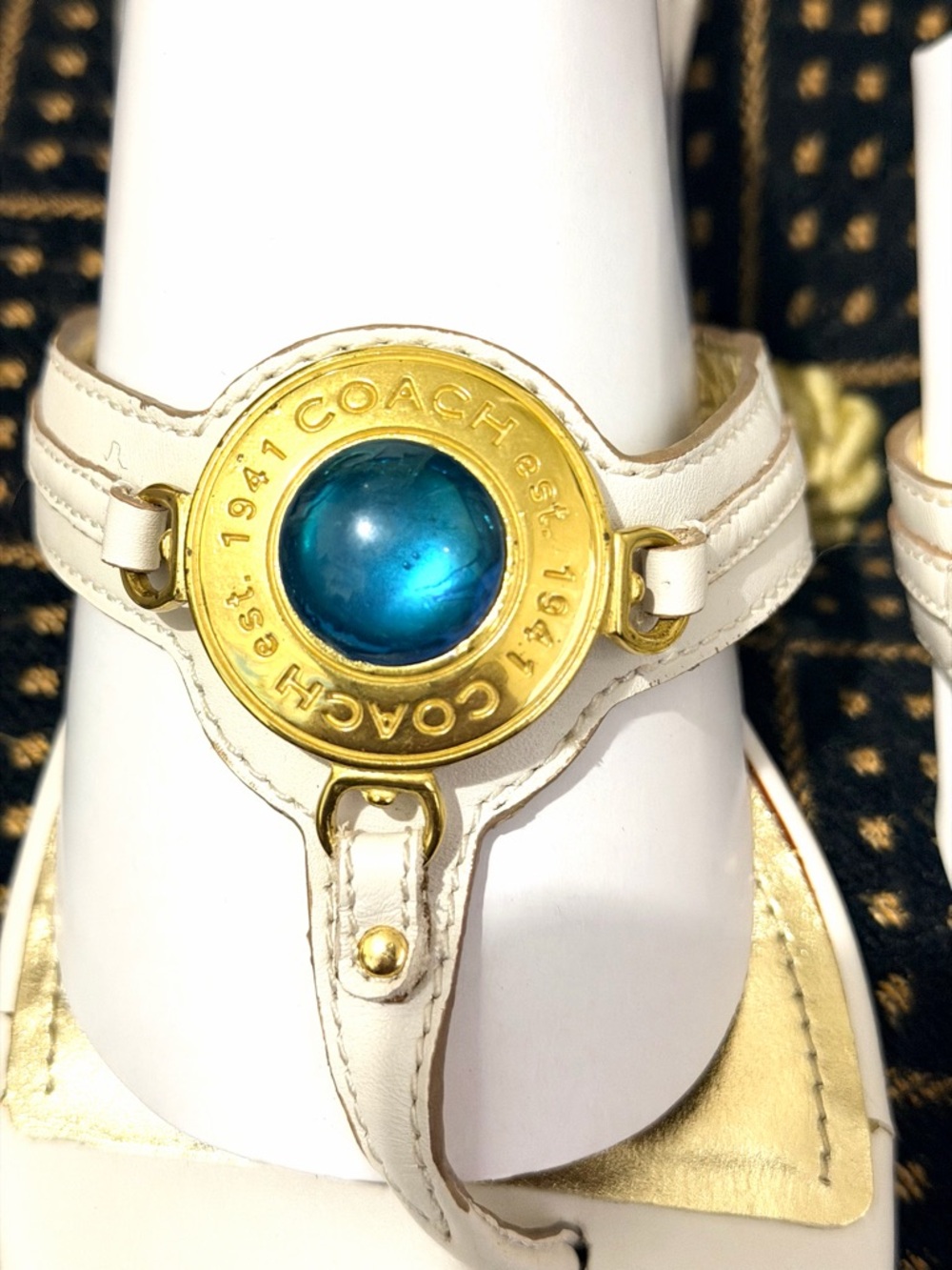 Coach White Leather Sandals with Gold Medallion and Blue Cabochon - Picture 2 of 11